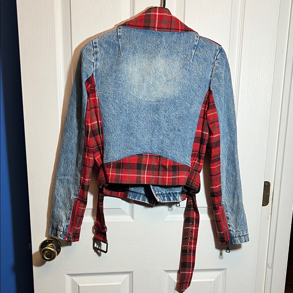 Alice + Olivia - Cody Checked Flannel And Denim Biker Jacket - Picture 6 of 10
